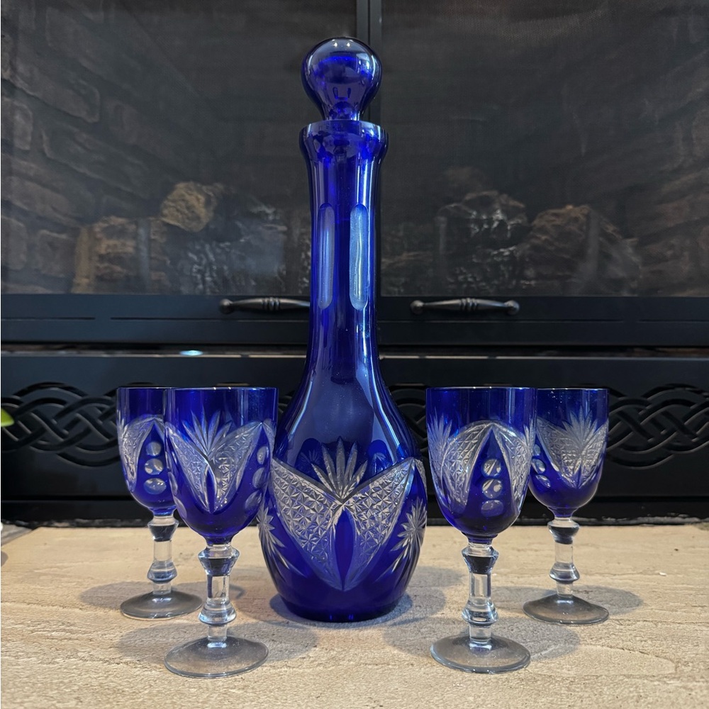 Vintage Bohemian Cobalt Bluegrass and Clear Decanter and 4 Cordial glasses